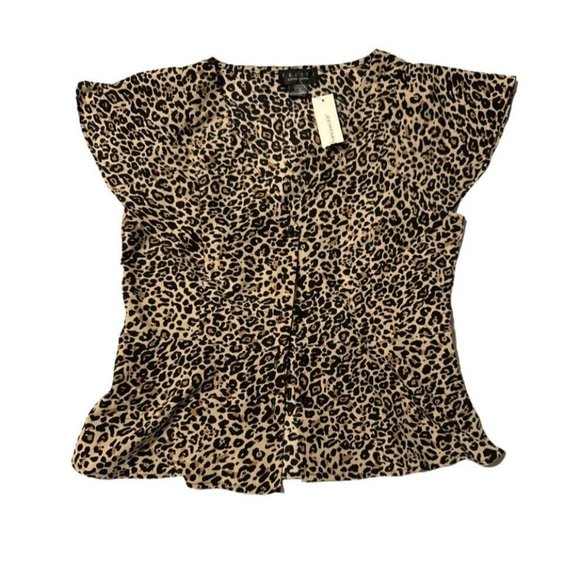 Trixxi Francescas Top Leopard Print Semi Peplum Blouse vneck Flutter Sleeve L - Picture 2 of 5